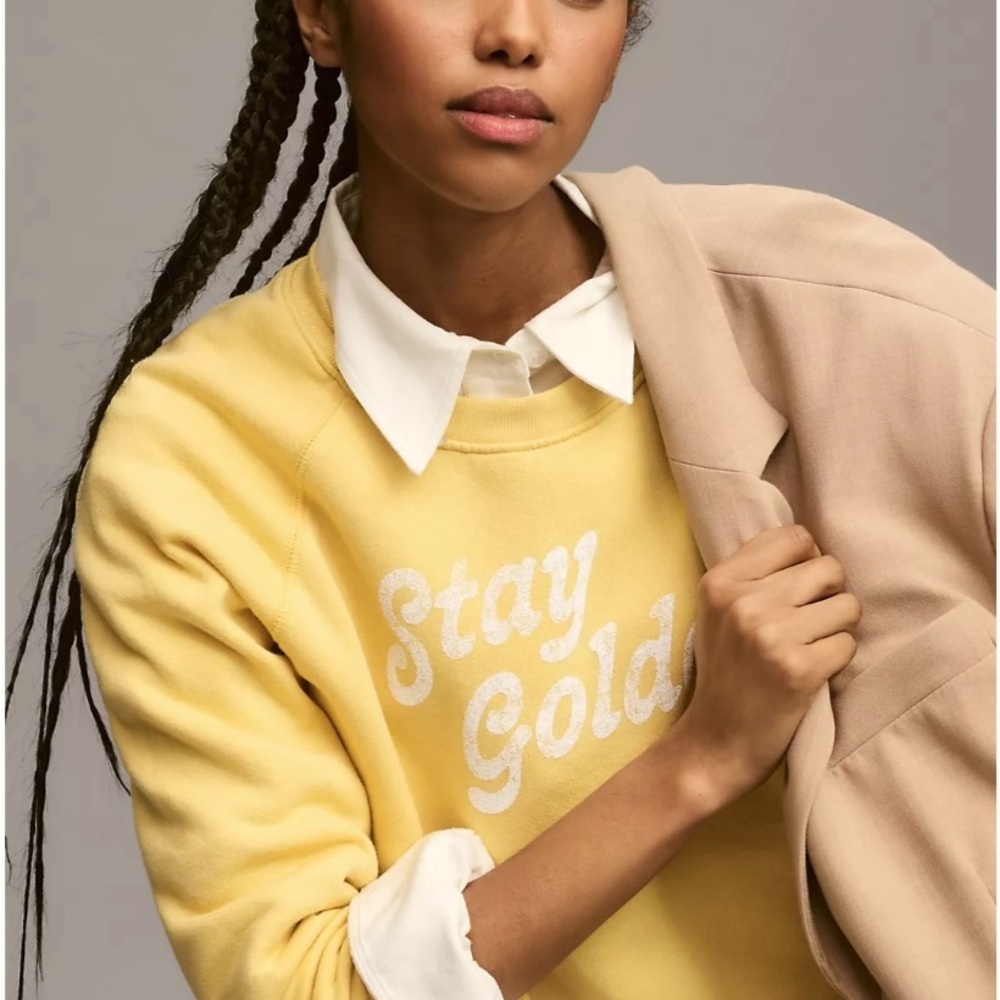 New -Anthropologie Yellow Graphic by Sundry "Stay Golden" Crewneck Sweatshirt - Picture 2 of 6